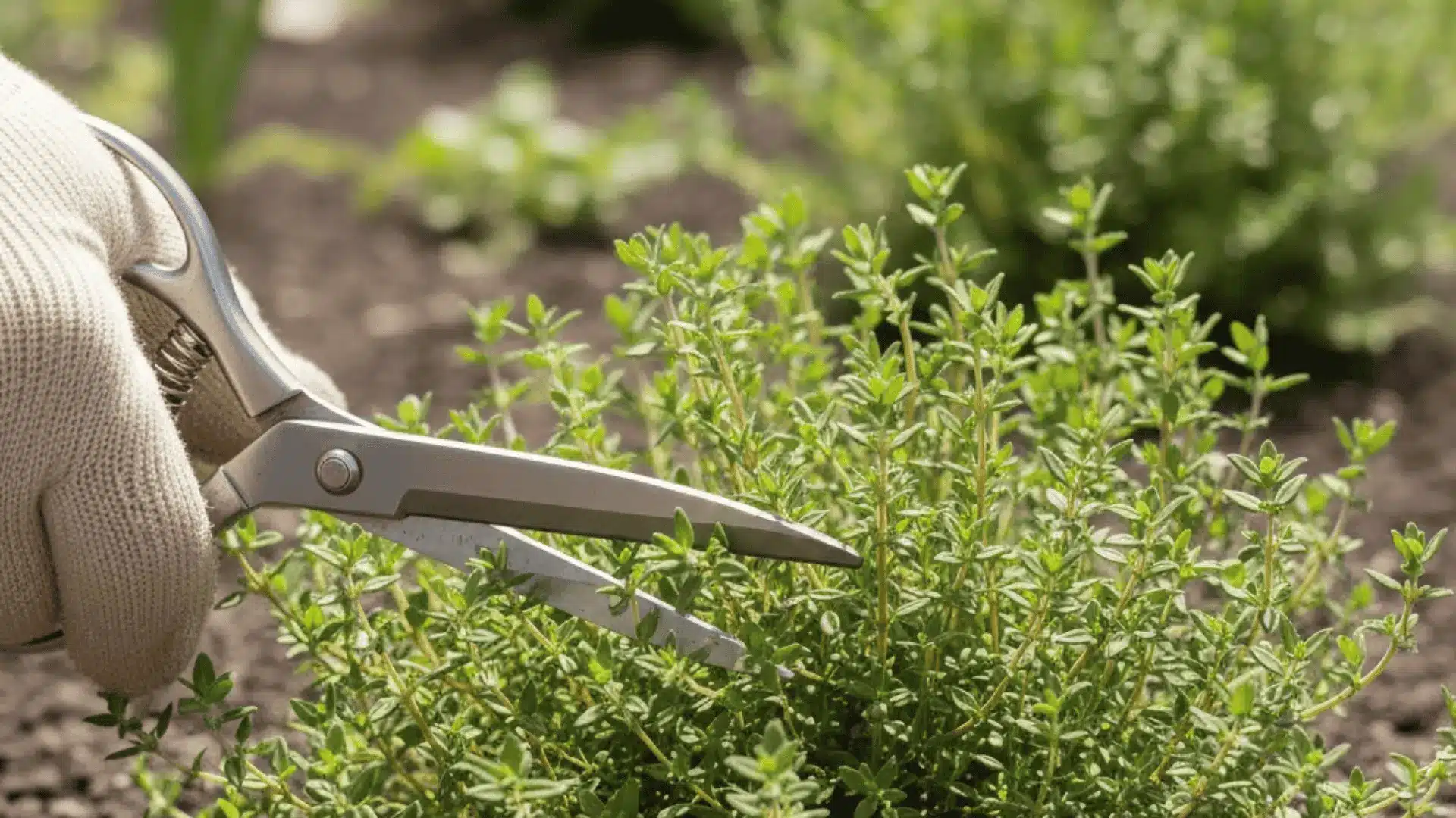 Pruning thyme plant to keep it bushy and prevent woody stems.