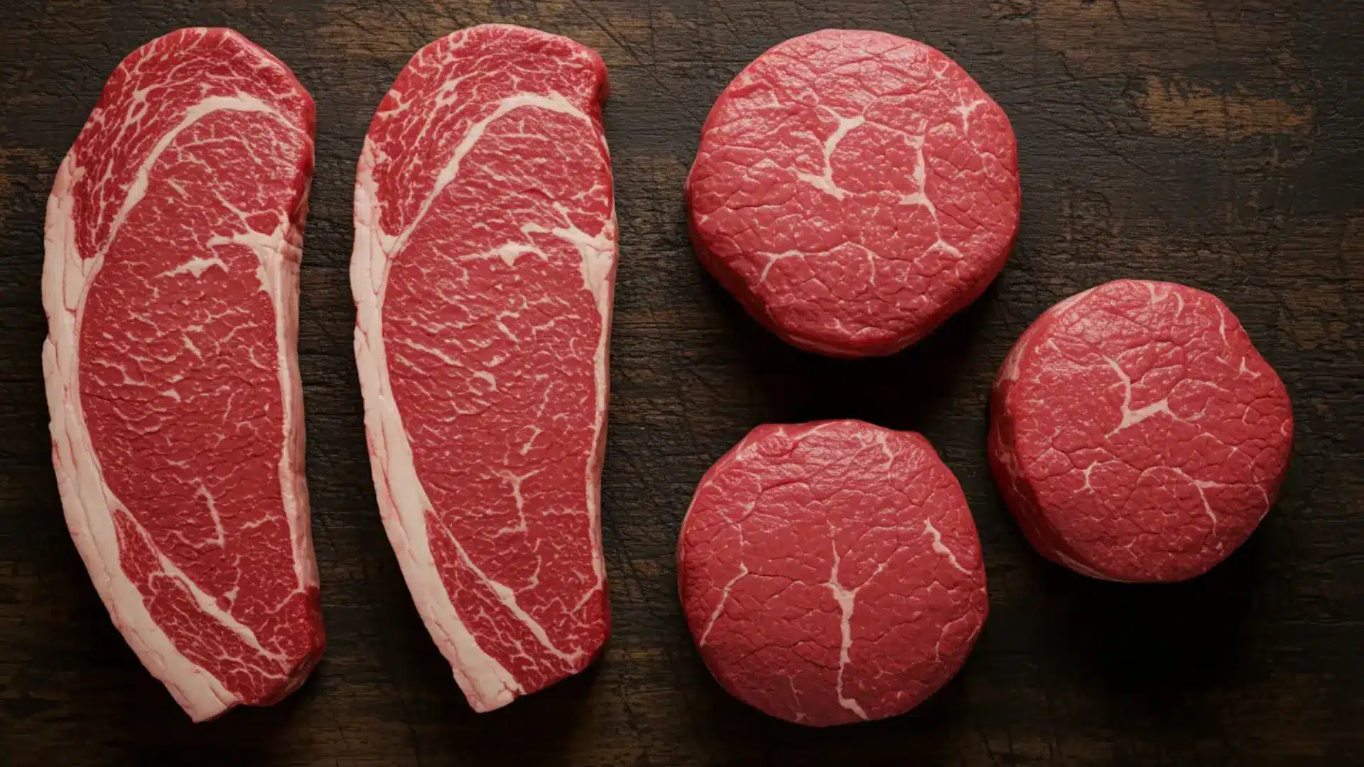 Raw Sirloin and filet meat with its different size and texture on a wooden board showcasing sirloin vs filet.
