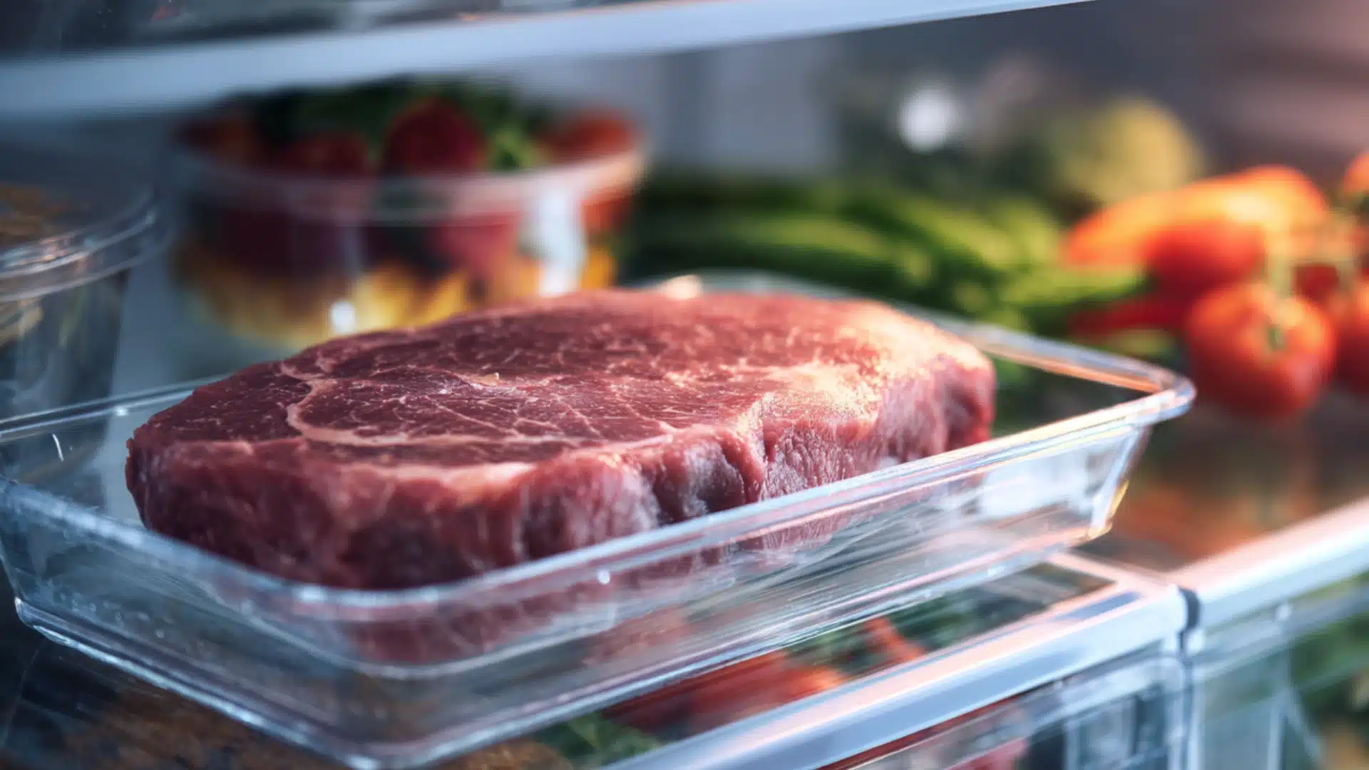 Raw beef in a glass container near tomatoes to show how long is steak good in the fridge.