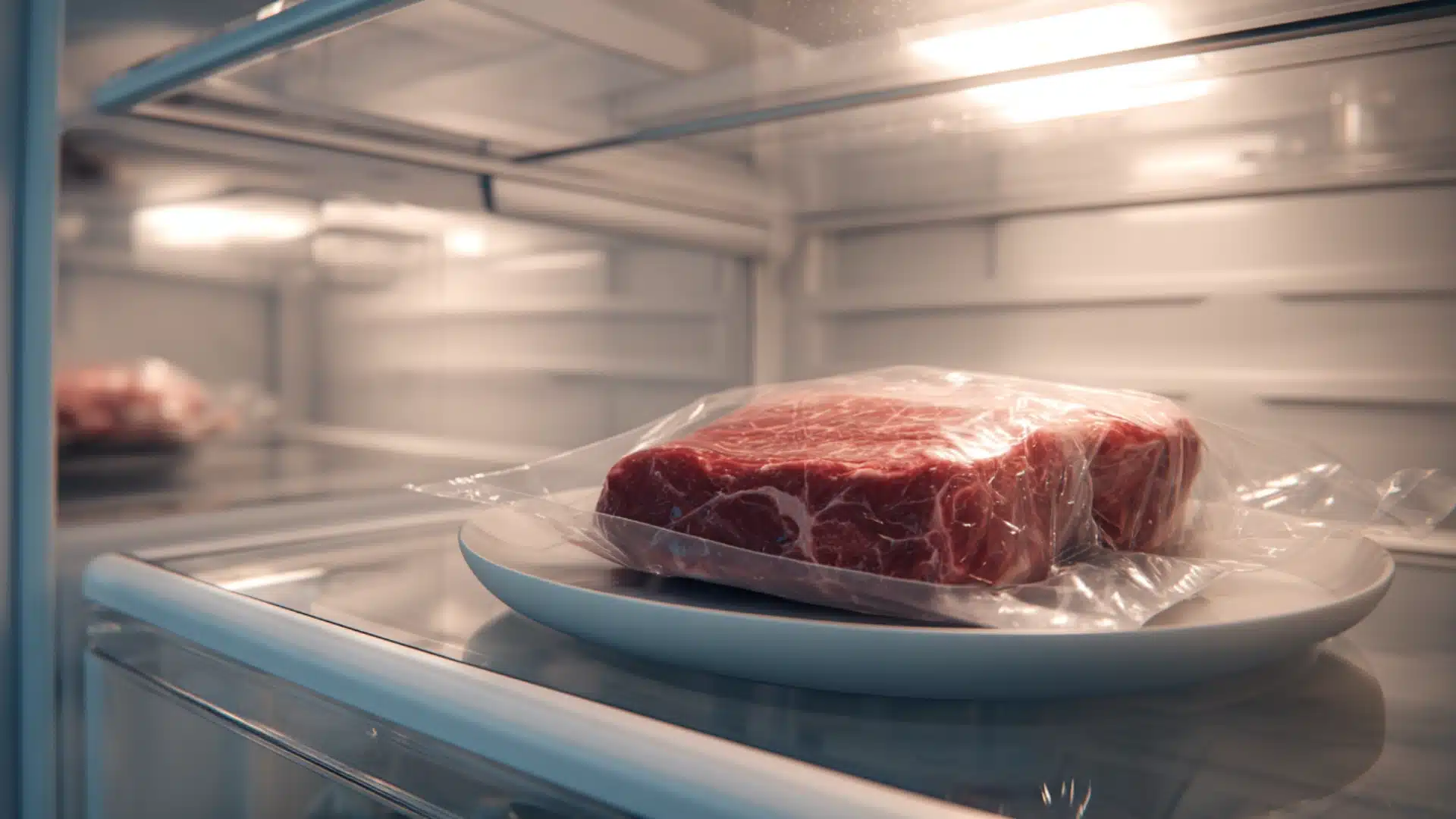 Raw beef in plastic wrap sits on a white plate inside a brightly lit clean refrigerator on a clear glass middle shelf