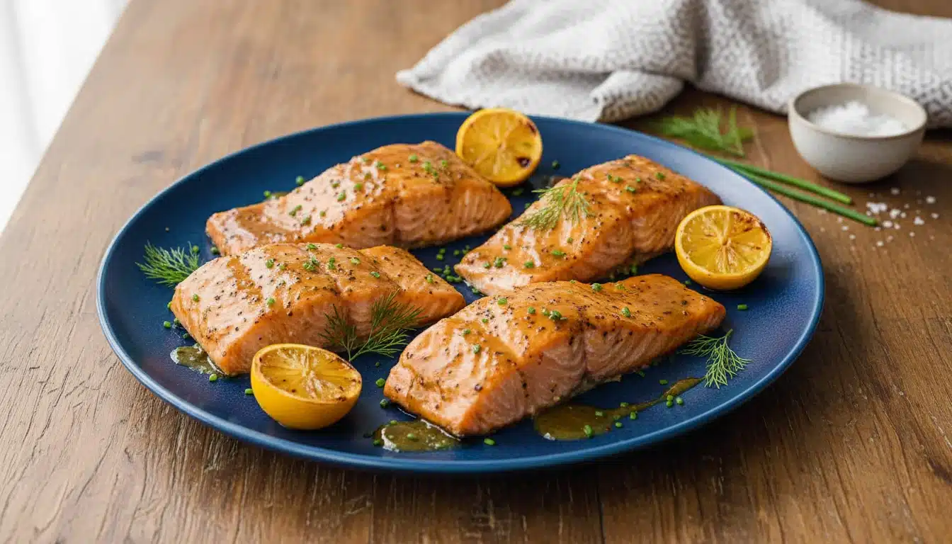 Salmon fillet on a blue plate garnished with lemon slices, featuring a recipe for honey-mustard oven salmon