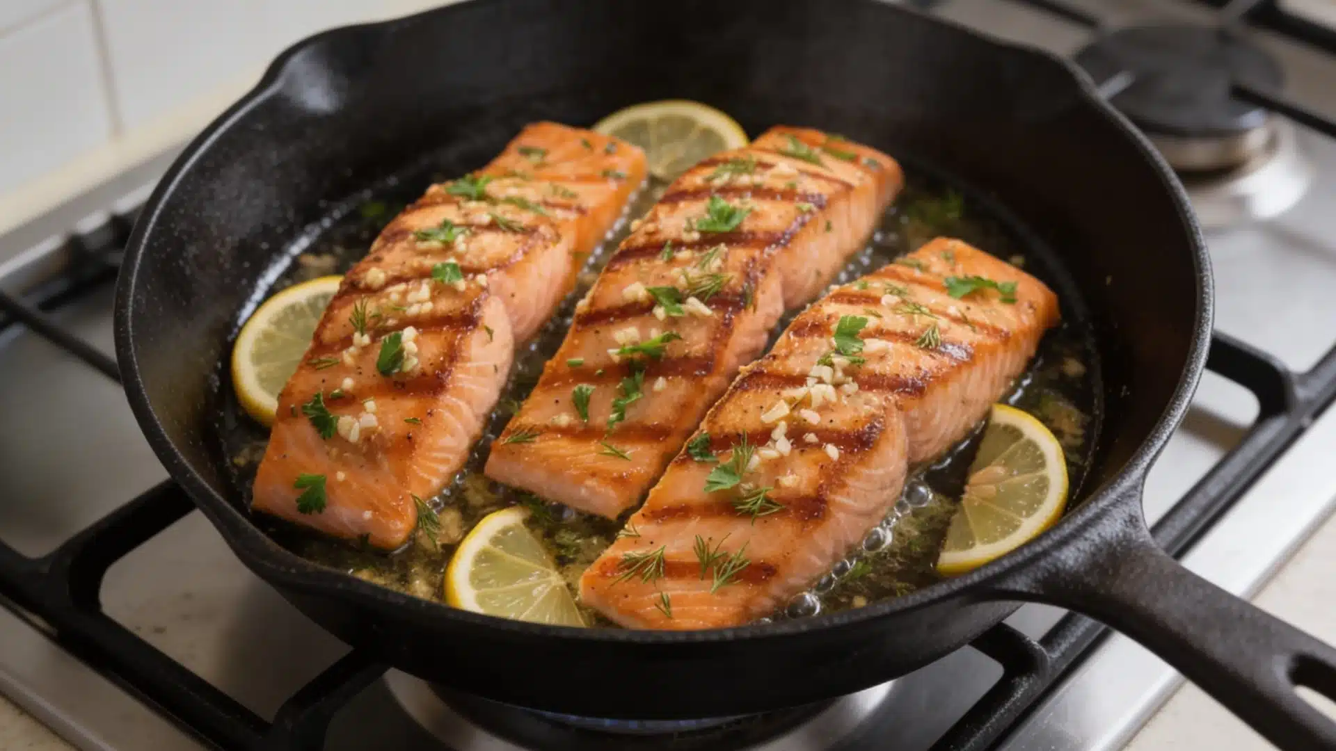 Salmon fillets in a skillet, garnished with lemon slices, showcasing a garlic-butter preparation