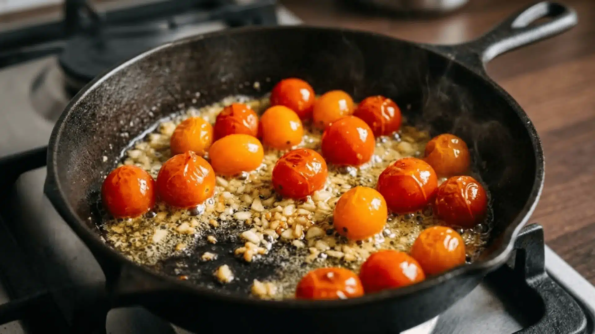 Sautéed garlic and glossy cherry tomatoes simmering in butter in a dark pan.