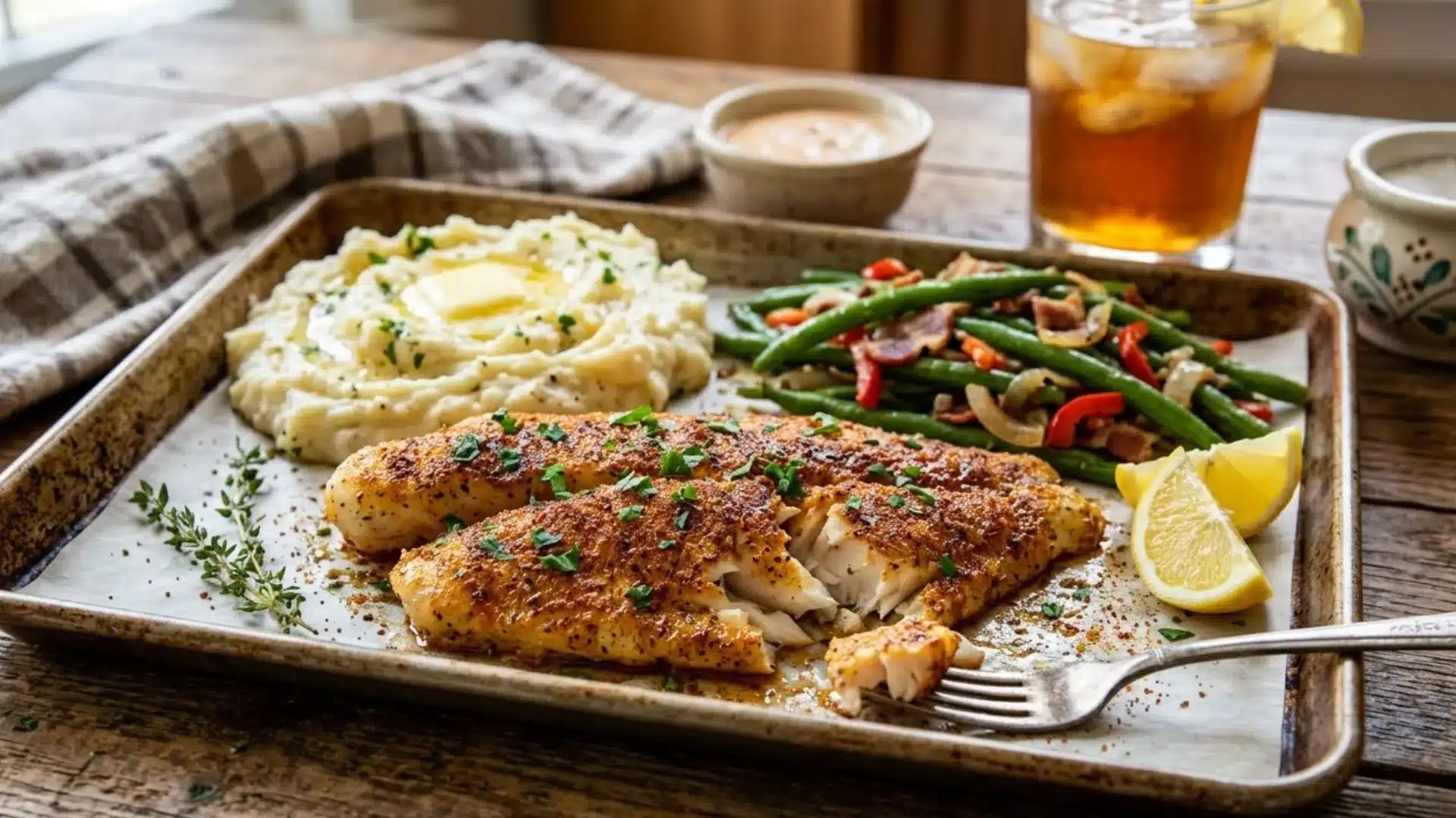 Seasoned Cajun-spiced baked catfish fillets, served on a sheet pan with mashed potatoes, green beans, and lemon wedges