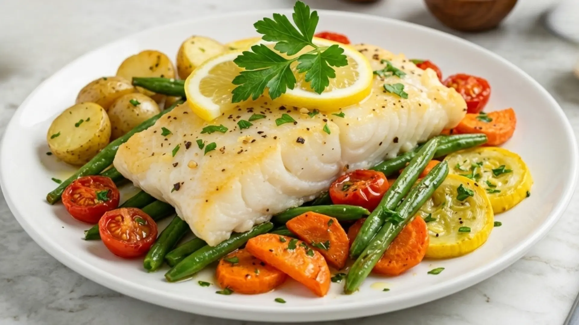 Sheet-Pan Veggie and Whitefish Meal with cod lemon and roasted vegetables on a plate garnished with parsley and thin lemon slices