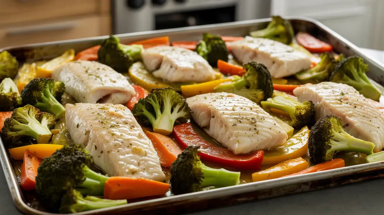 Sheet pan meal with whitefish fillets, broccoli florets, carrots, and bell peppers roasted on a metal baking tray