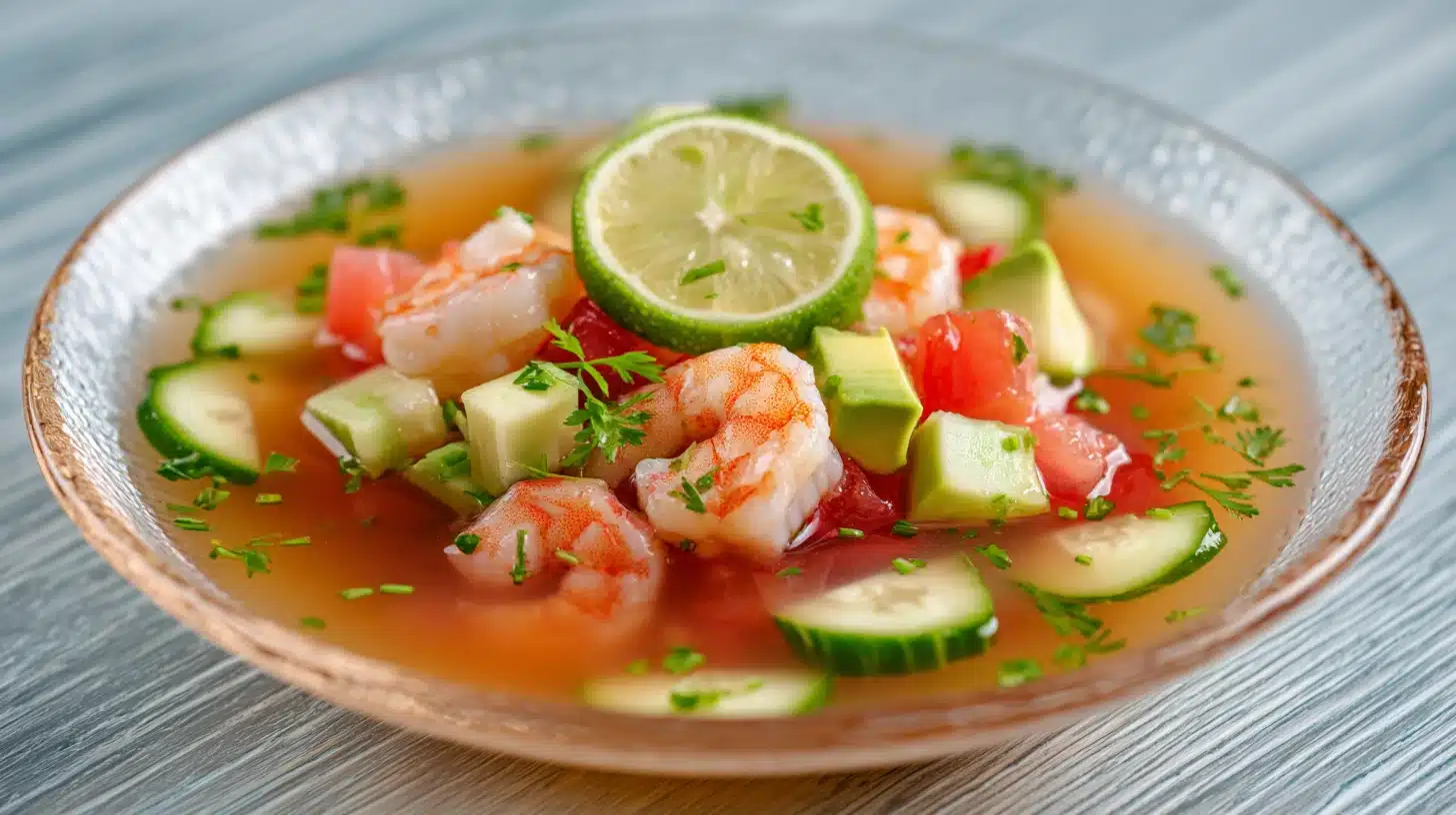 Shrimp ceviche or cocktail served in a clear bowl with avocado tomato cucumber slices, and a lime wheel garnish