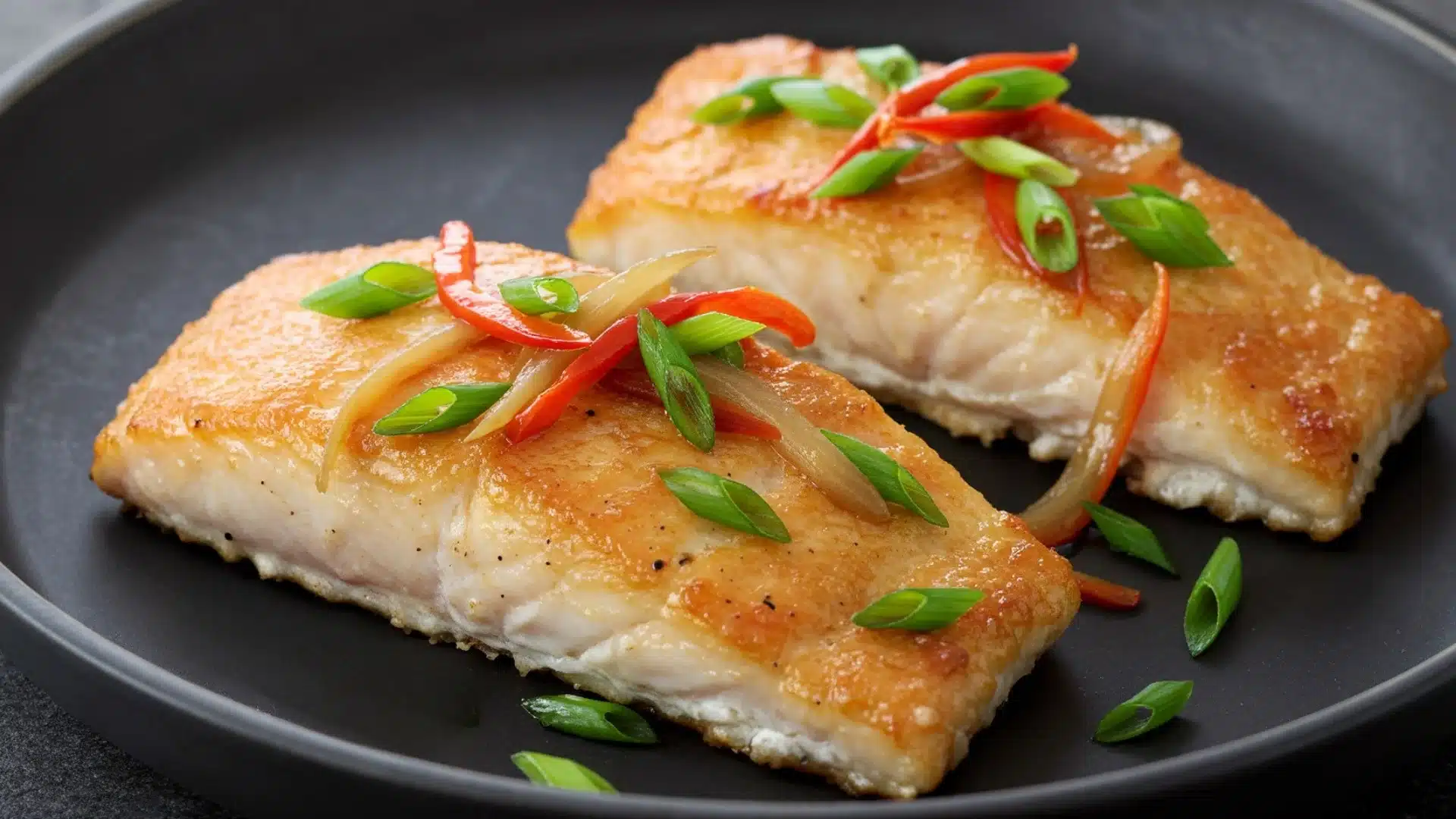 Simple Ginger-Soy Whitefish served with green onions on top, displayed on a clean plate