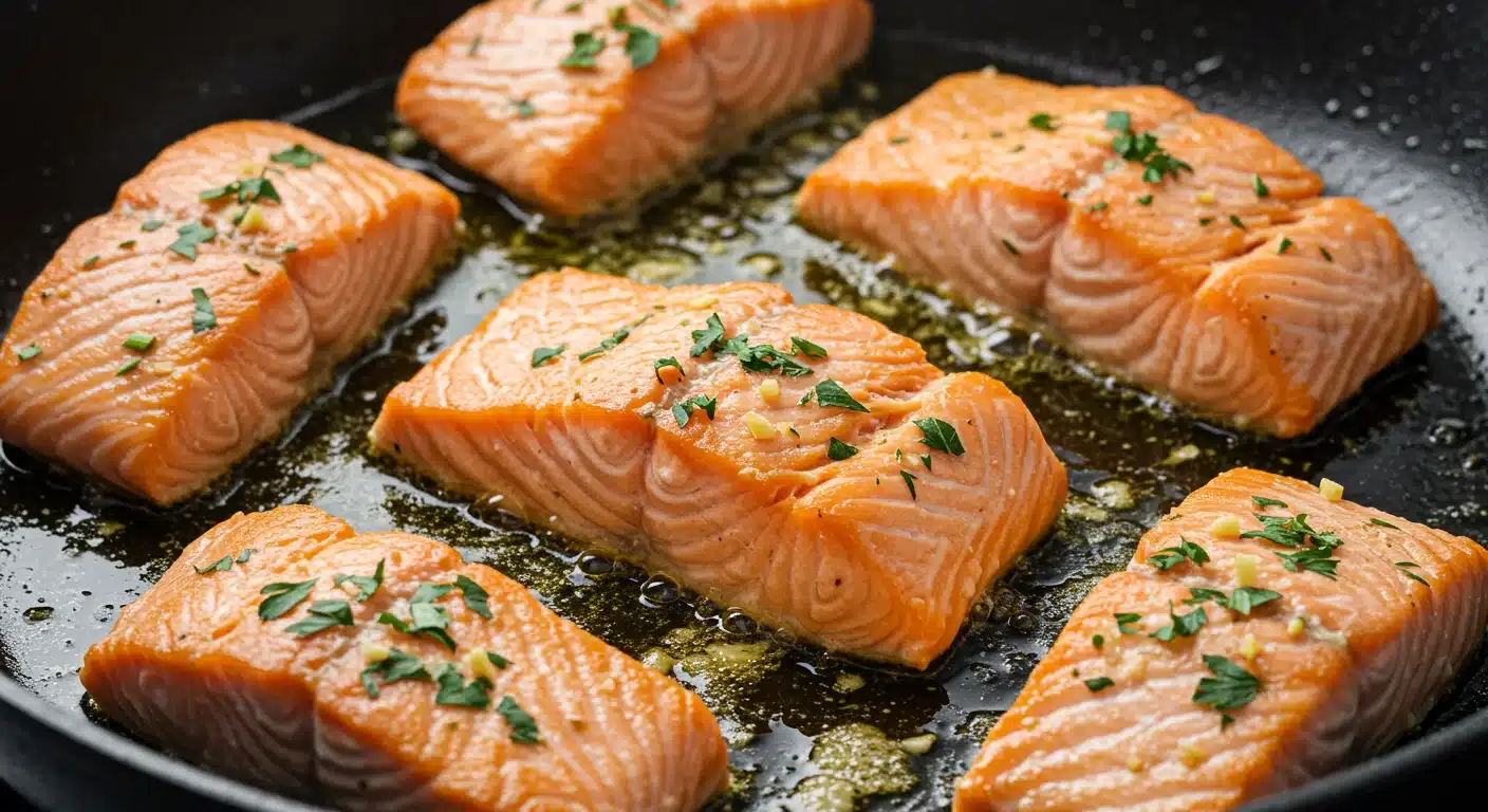 Six garlic-butter salmon fillets are searing in a black skillet with bubbling garlic butter and fresh parsley