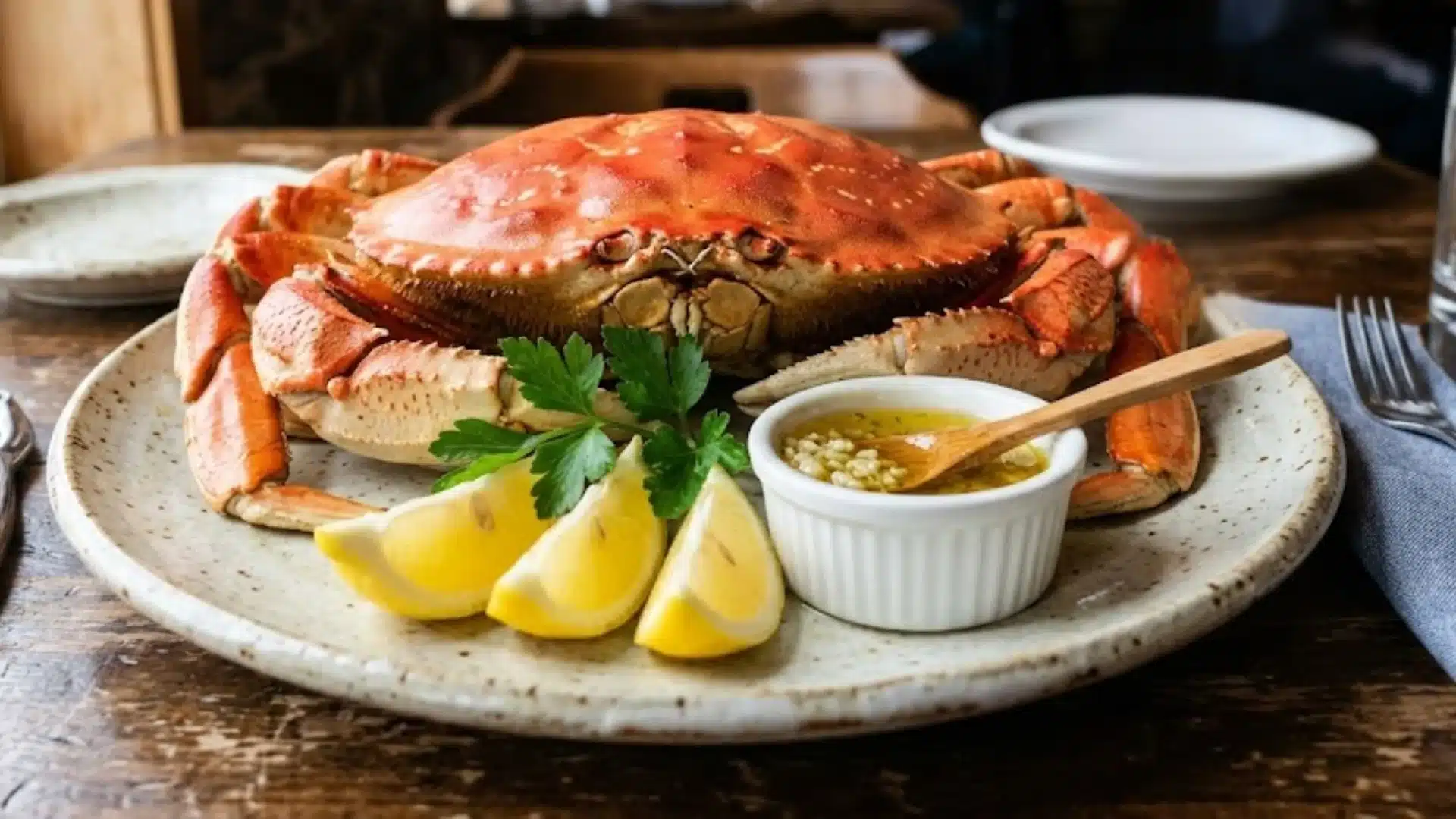 Steam or Boil Live Dungeness Crab, served on a plate with lemon wedges, parsley garnish, and a side of melted garlic butter