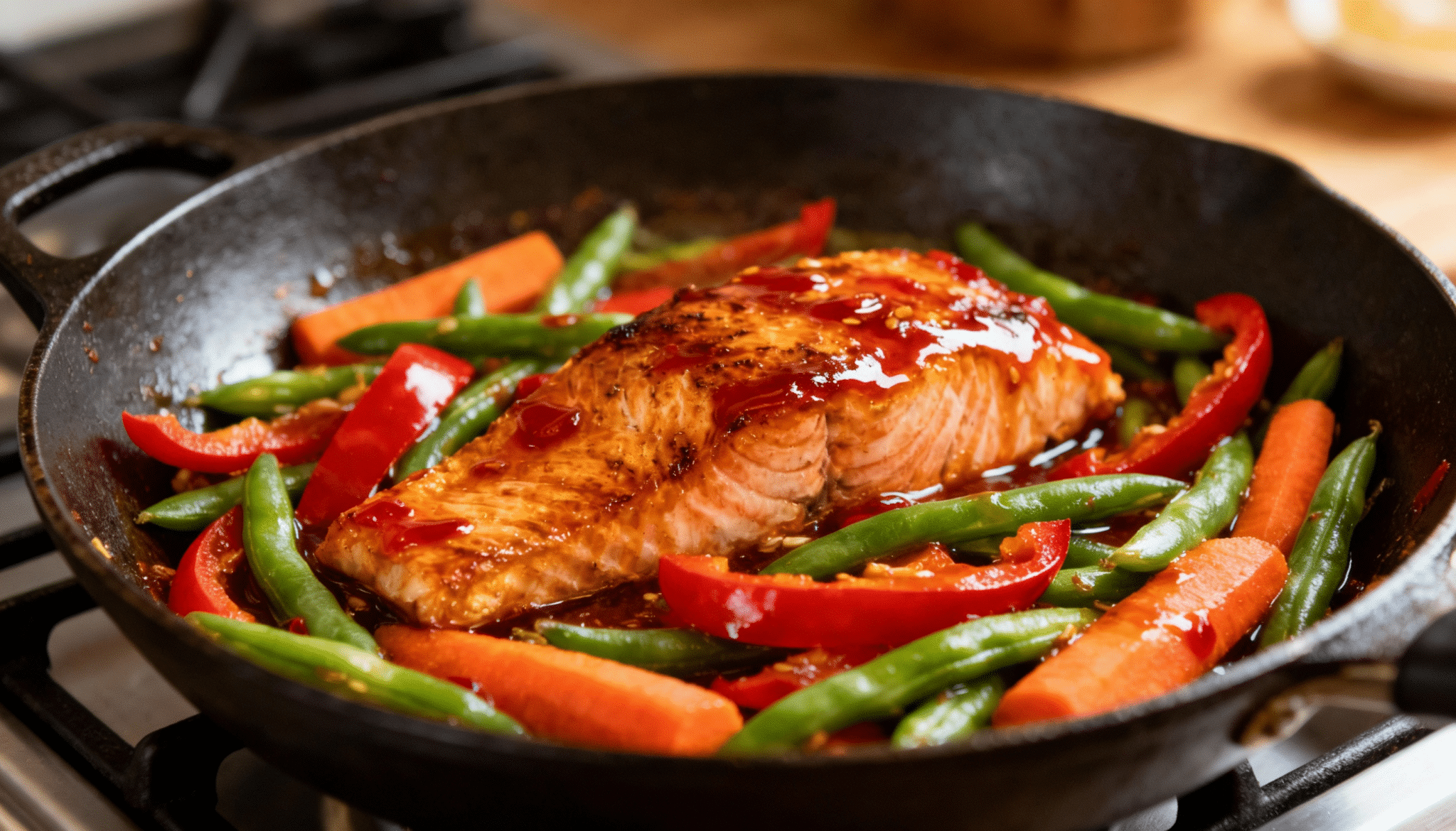 Sweet Chili Salmon Stir Fry fillet with deep green beans, red bell peppers, and carrots, sizzling in a dark cast-iron skillet
