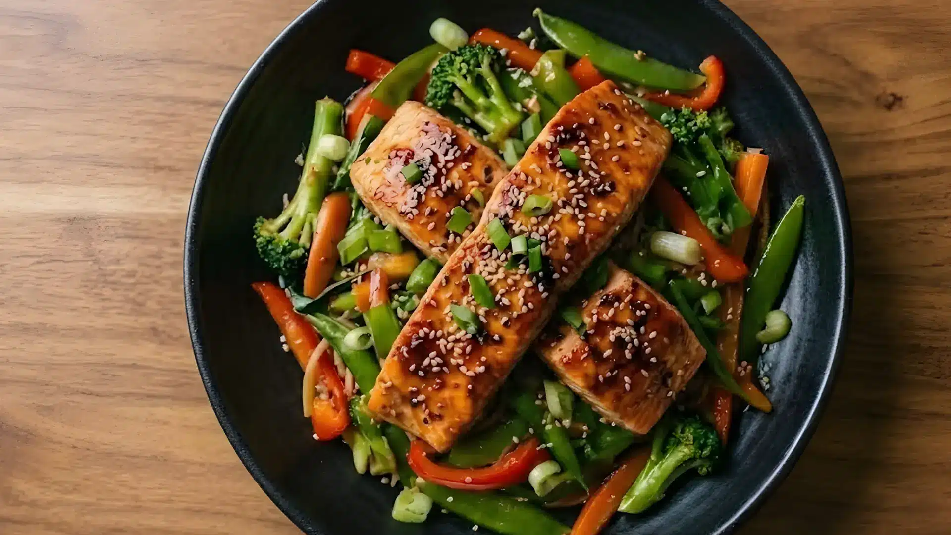 Sweet Chili Salmon Stir-Fry with broccoli peppers and snow peas in a black bowl on a wooden table overhead view