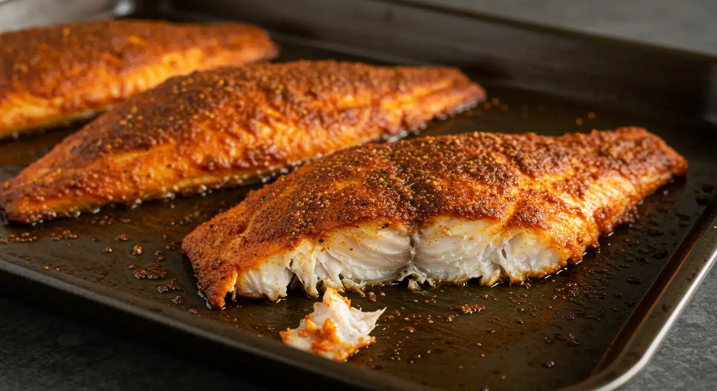 Three baked catfish fillets with a dark Cajun spice crust on a rimmed baking sheet, showing flaky white fish inside
