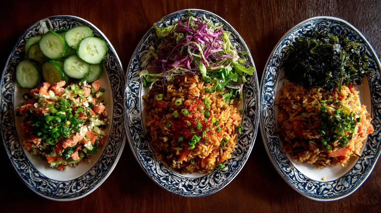 Three plates of food showcasing light side dishes with salmon fried rice arranged for serving