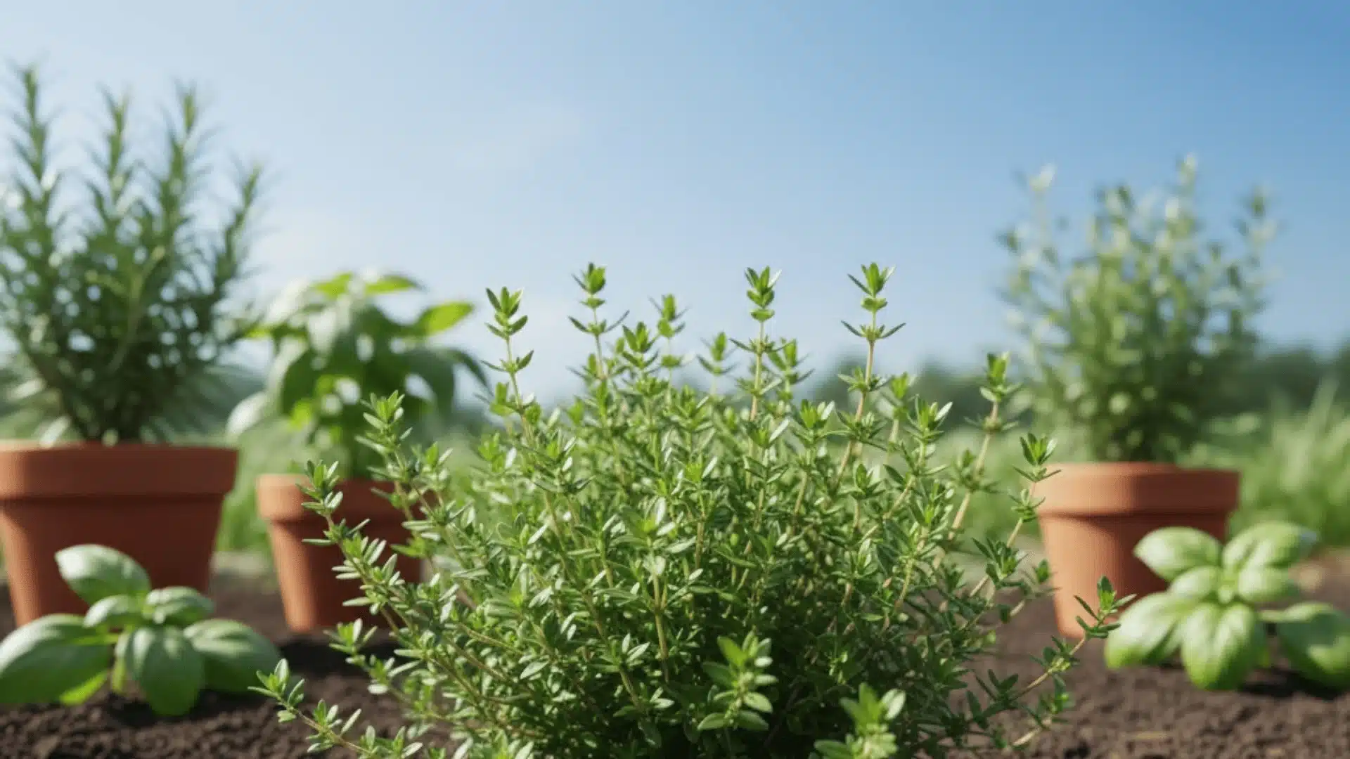 Thyme plant growing in full sunlight in a garden bed with at least 6 to 8 hours of direct sun.