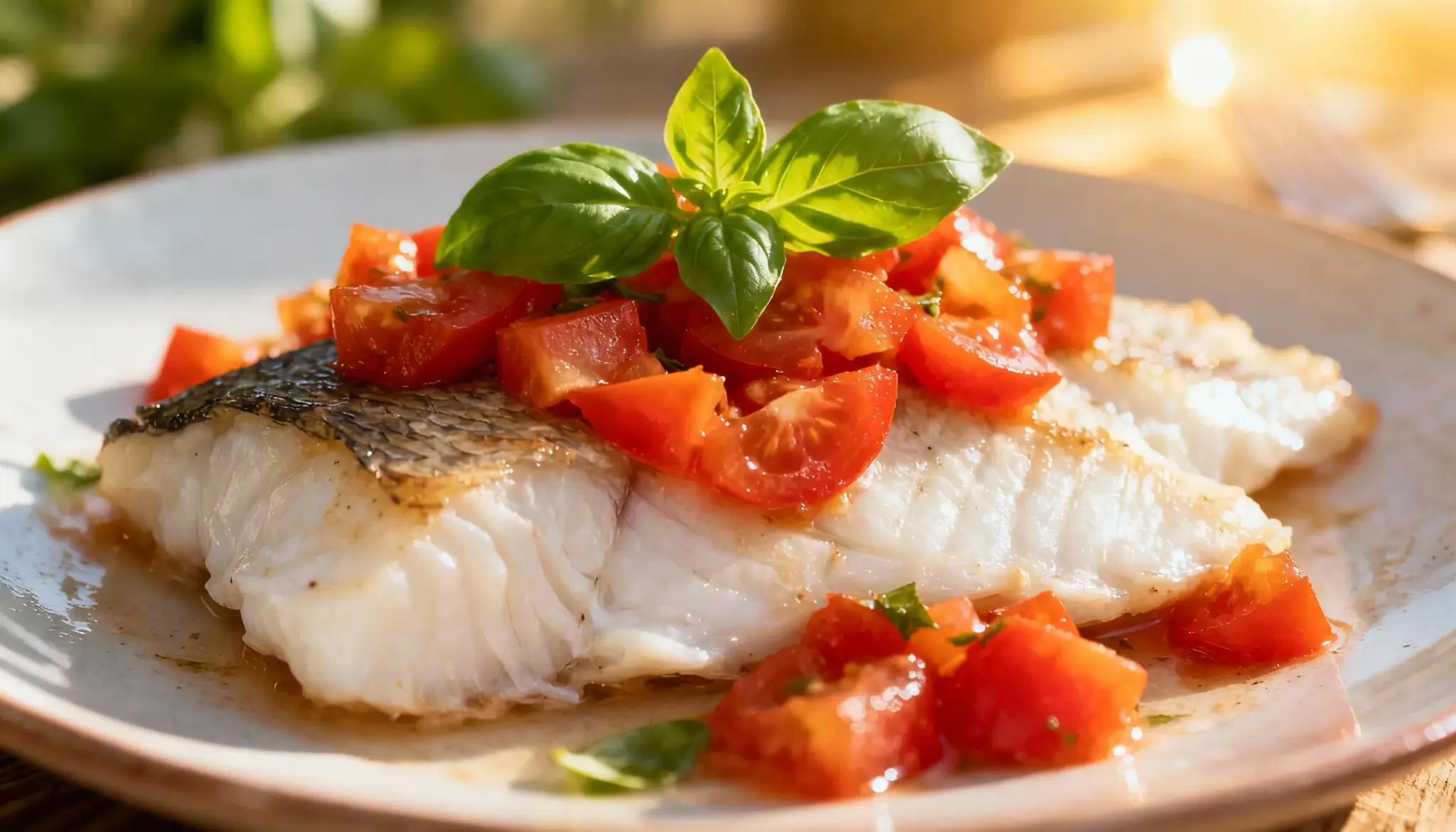 Tomato-Basil Fish Fillets topped with diced tomatoes and a fresh basil sprig on a light colored plate