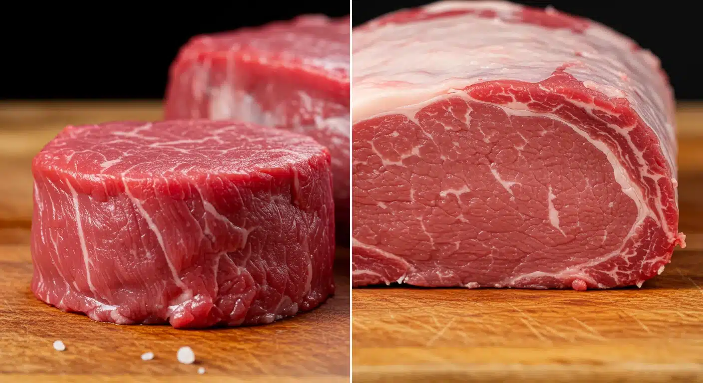 Two cuts of top sirloin and filet mignon are displayed on a wooden cutting board showing filet mignon vs top sirloin