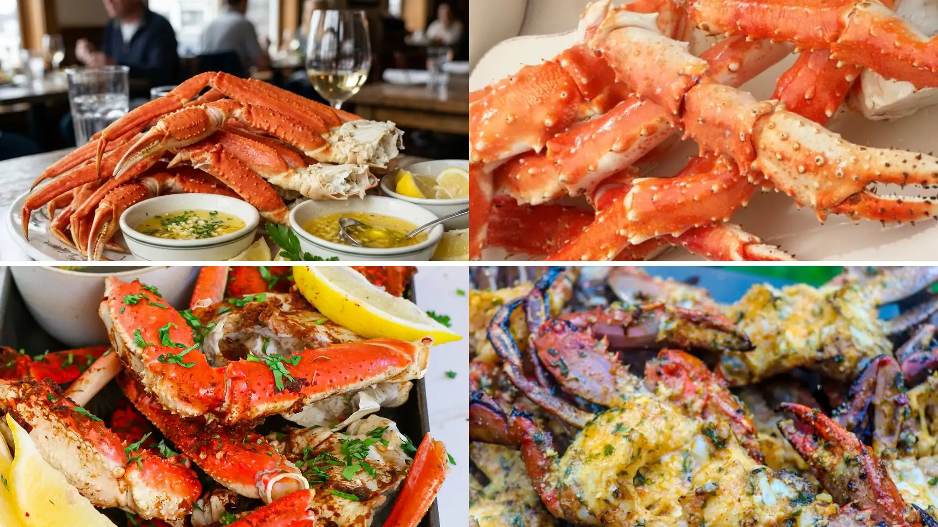 Types of crab legs images, which include various preparations of cooked crab legs and crabs with melted butter and lemon