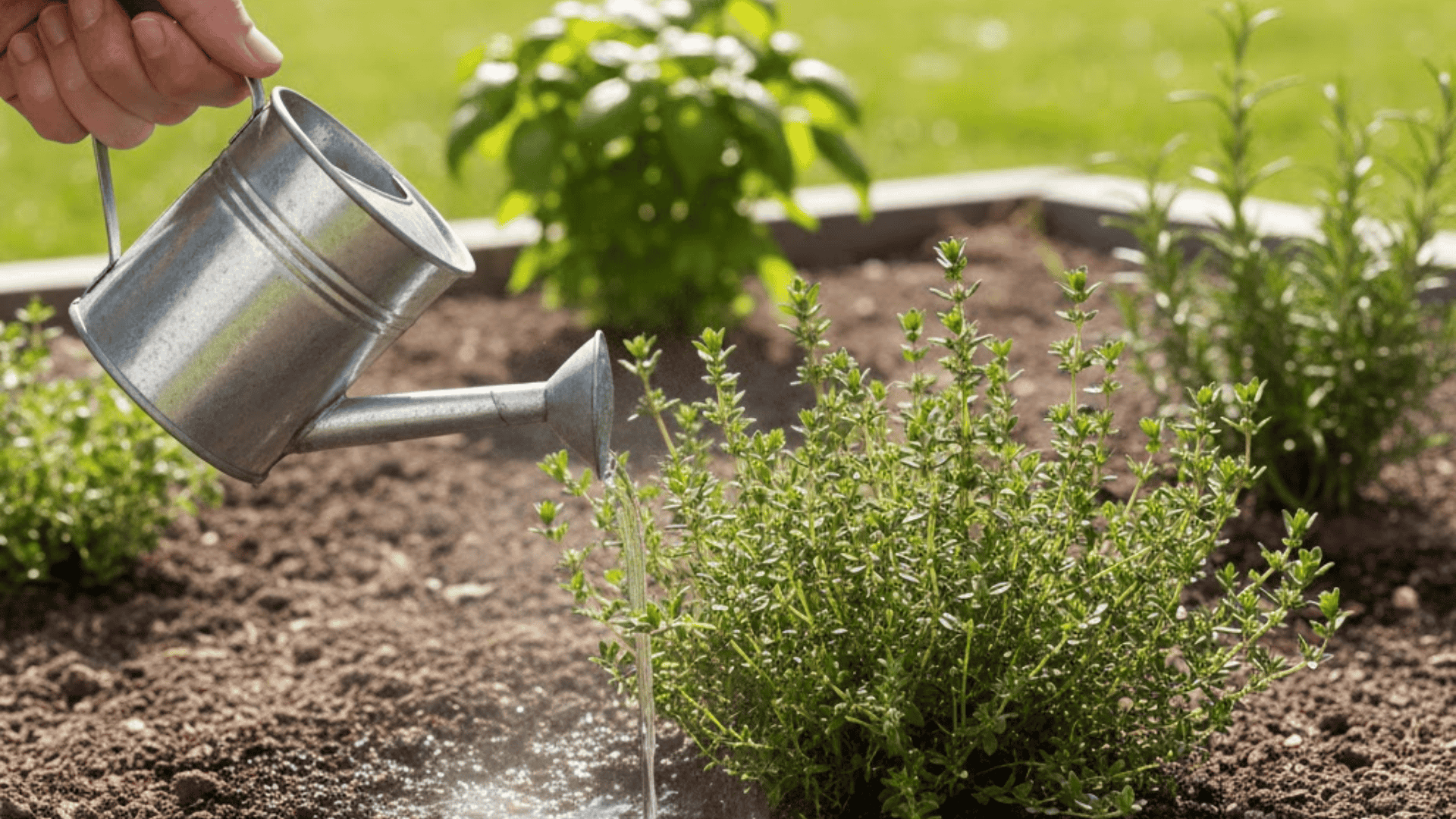 Watering thyme plant in outdoor garden bed after checking dry topsoil.