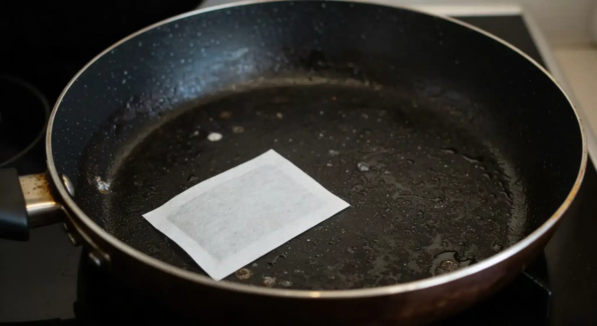 an image showing how to clean burnt pan with a dryer sheet by putting it in the dark, burnt pan on a stovetop