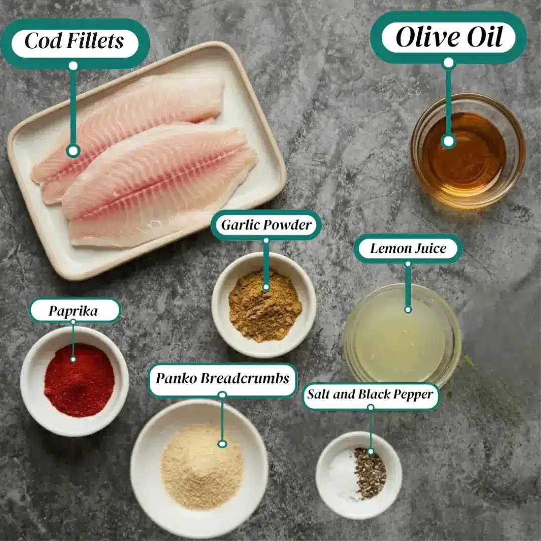overhead photo of labeled cod fillets olive oil and spices on grey stone background with bowls of paprika panko breadcrumbs (2)