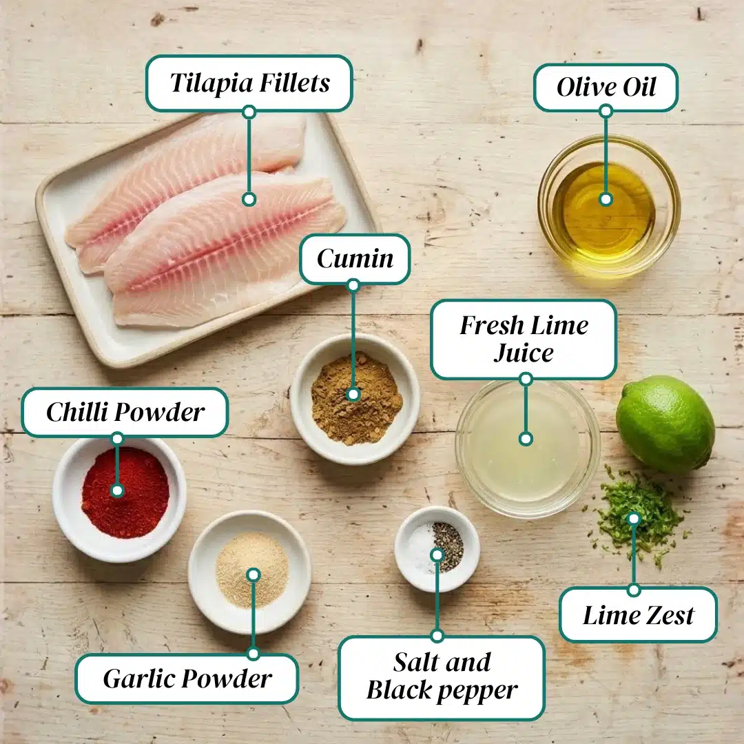 resh fish ingredients for Chili-Lime Broiled Tilapia displayed on a rustic wooden table