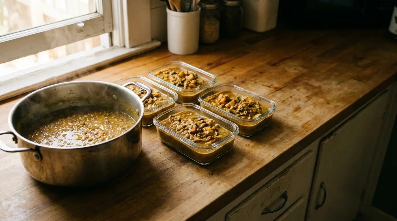Pot of lentil stew and meal prep containers on wooden kitchen counter