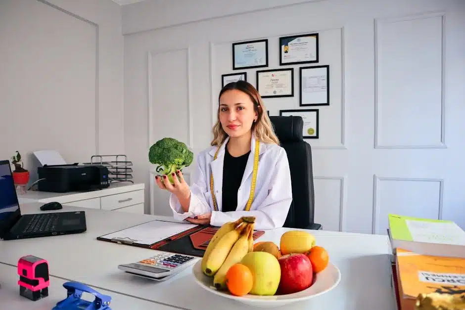 Registered dietitian discussing nutrition with a client at a modern office