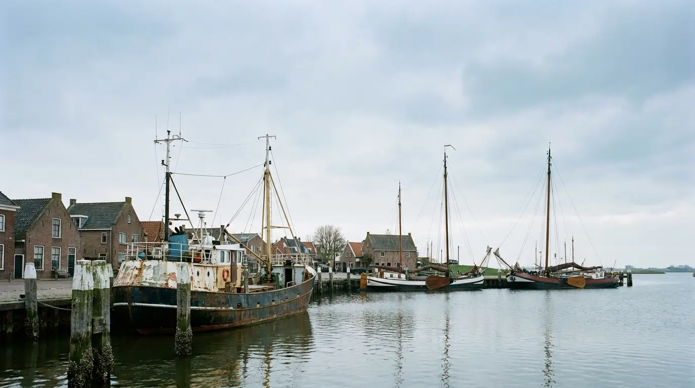 Fishing boats docked at a small harbor with brick buildings and overcast sky