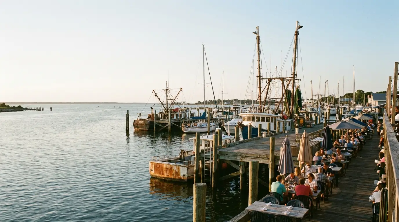 Dockside dining area with crowded tables near moored fishing boats at sunset