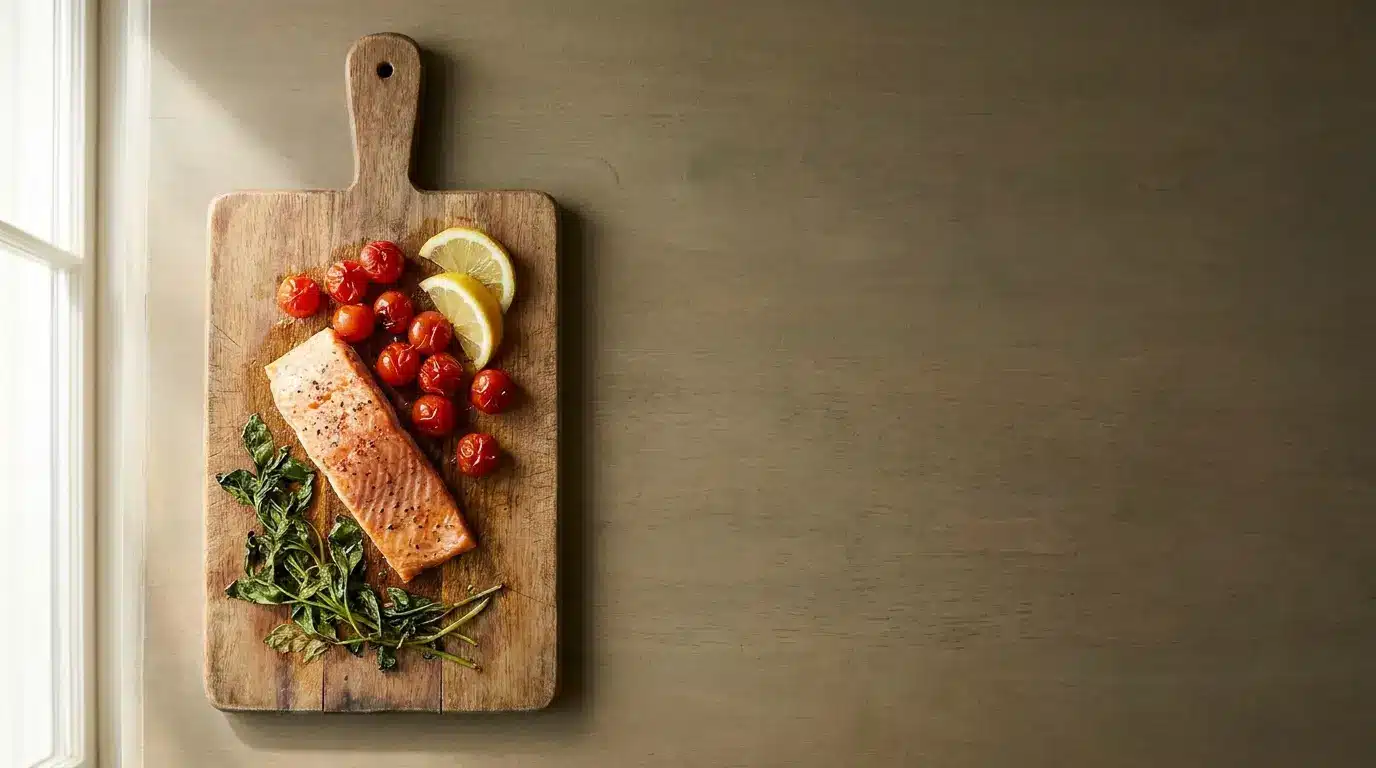 Salmon fillet with cherry tomatoes, lemon slices, and herbs on wooden cutting board in natural light