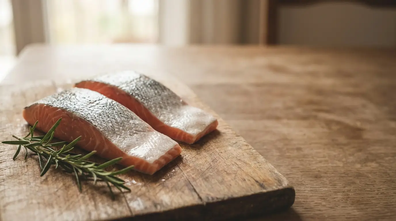 Raw salmon fillets with rosemary sprig on wooden cutting board in natural light