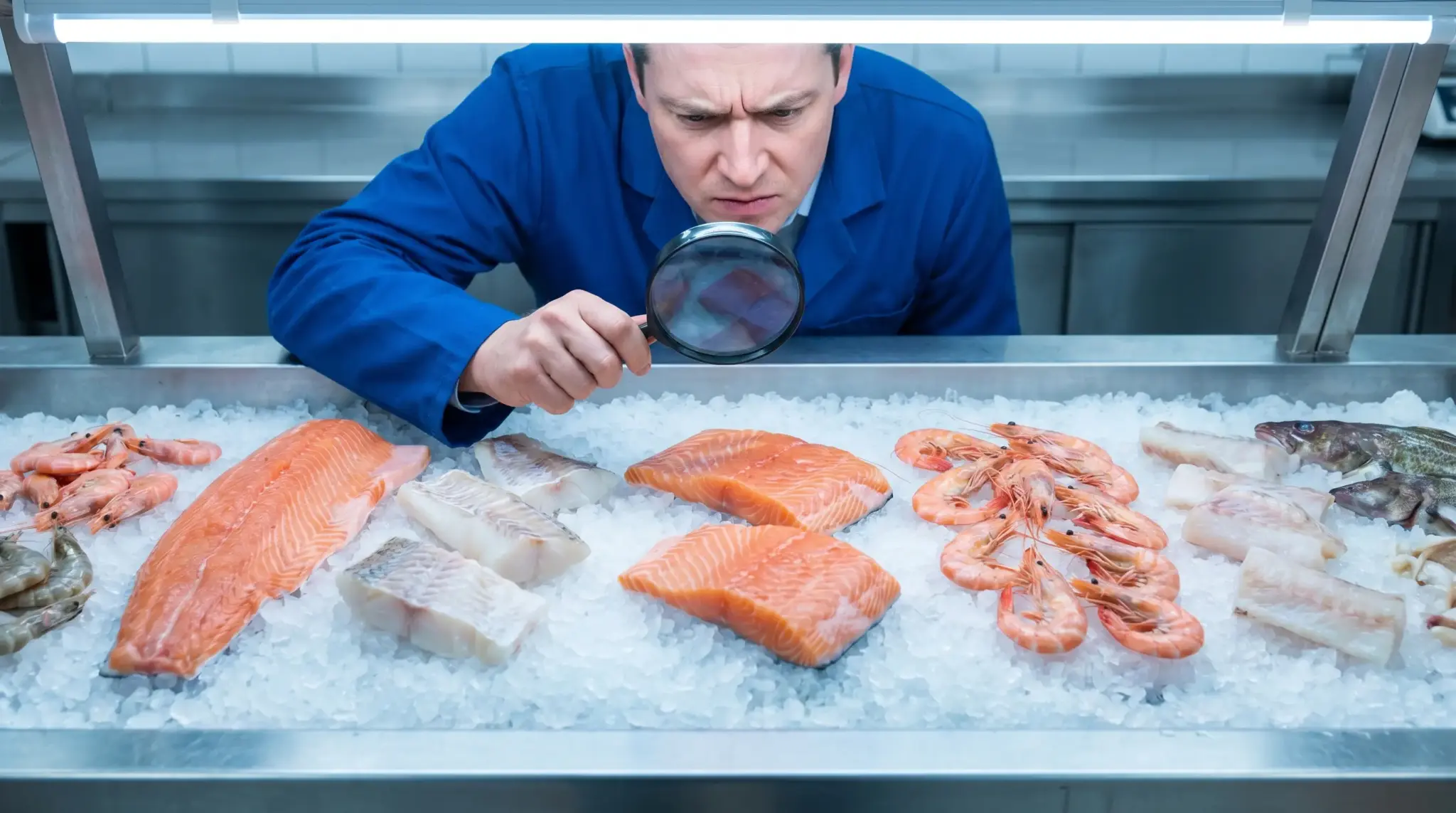 Man inspecting seafood with magnifying glass on ice in a market display