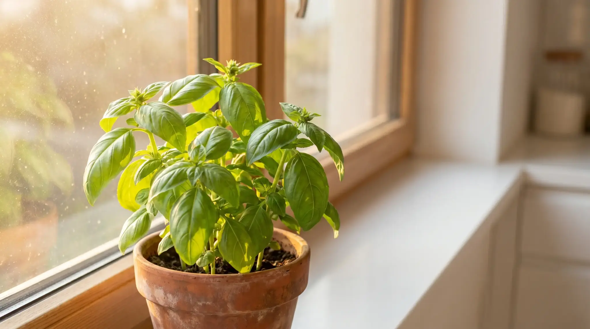 Potted basil plant on a windowsill with warm sunlight streaming through wooden frame window