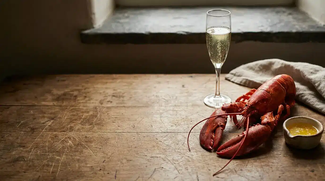Lobster and butter sauce next to champagne flute on rustic wooden table