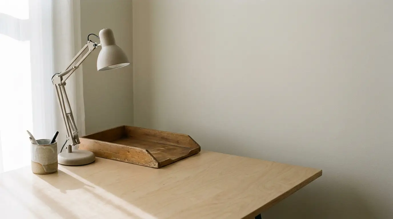 Desk with beige lamp, ceramic pen holder, and wooden tray in sunlit minimalist office