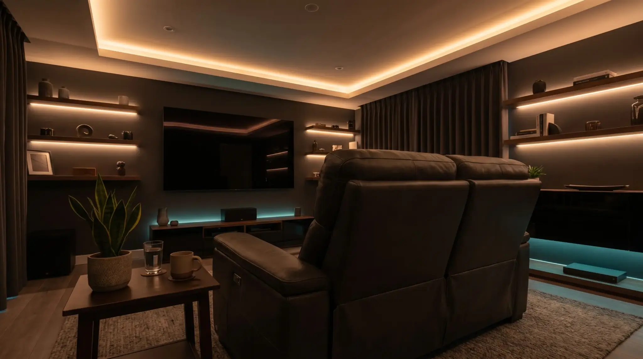 Cozy home theater with leather recliners, dim lighting, and illuminated shelving units