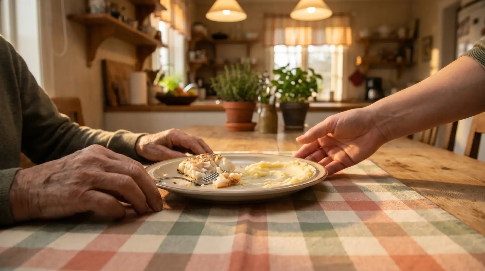 Hands passing a plate of fish and mashed potatoes in a cozy kitchen setting