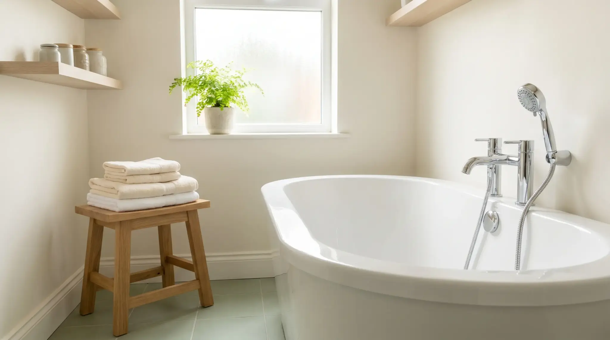 White freestanding bathtub with chrome fixtures and wooden stool holding folded towels in minimalist bathroom