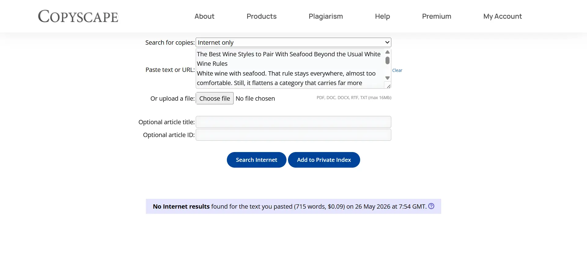 Screenshot of a website interface with text input and buttons for plagiarism checking options