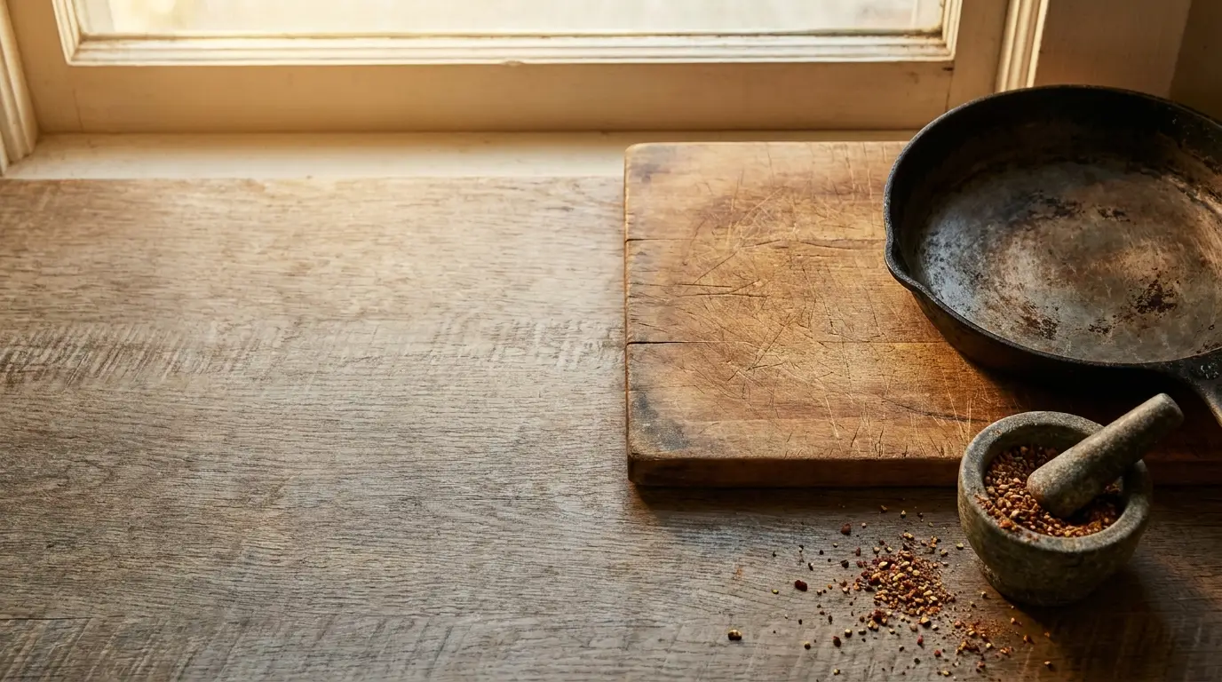 Rustic wooden cutting board and cast iron skillet near mortar with spices on kitchen counter
