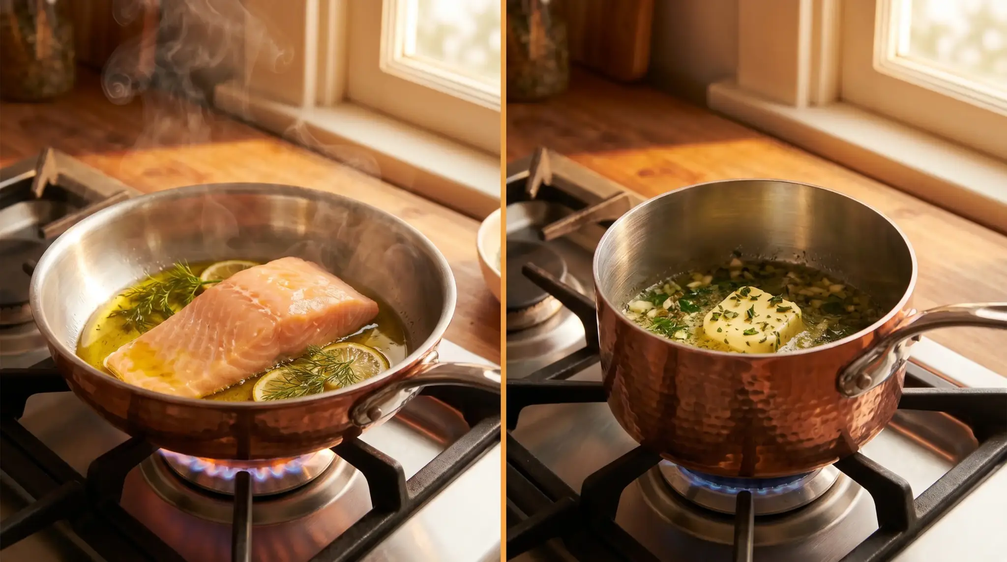 Salmon filet poaching in skillet with herbs; butter melting with spices in copper saucepan