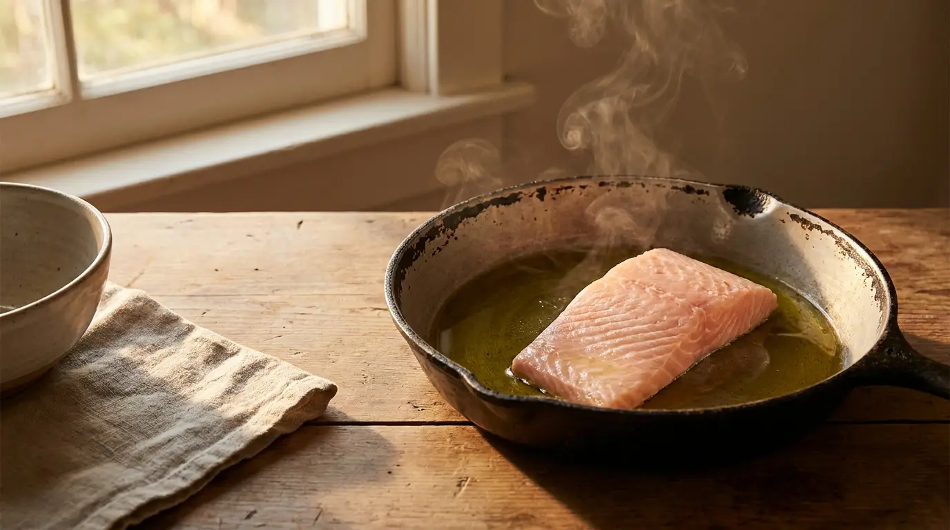 Salmon fillet cooking in cast iron pan on wooden table near window