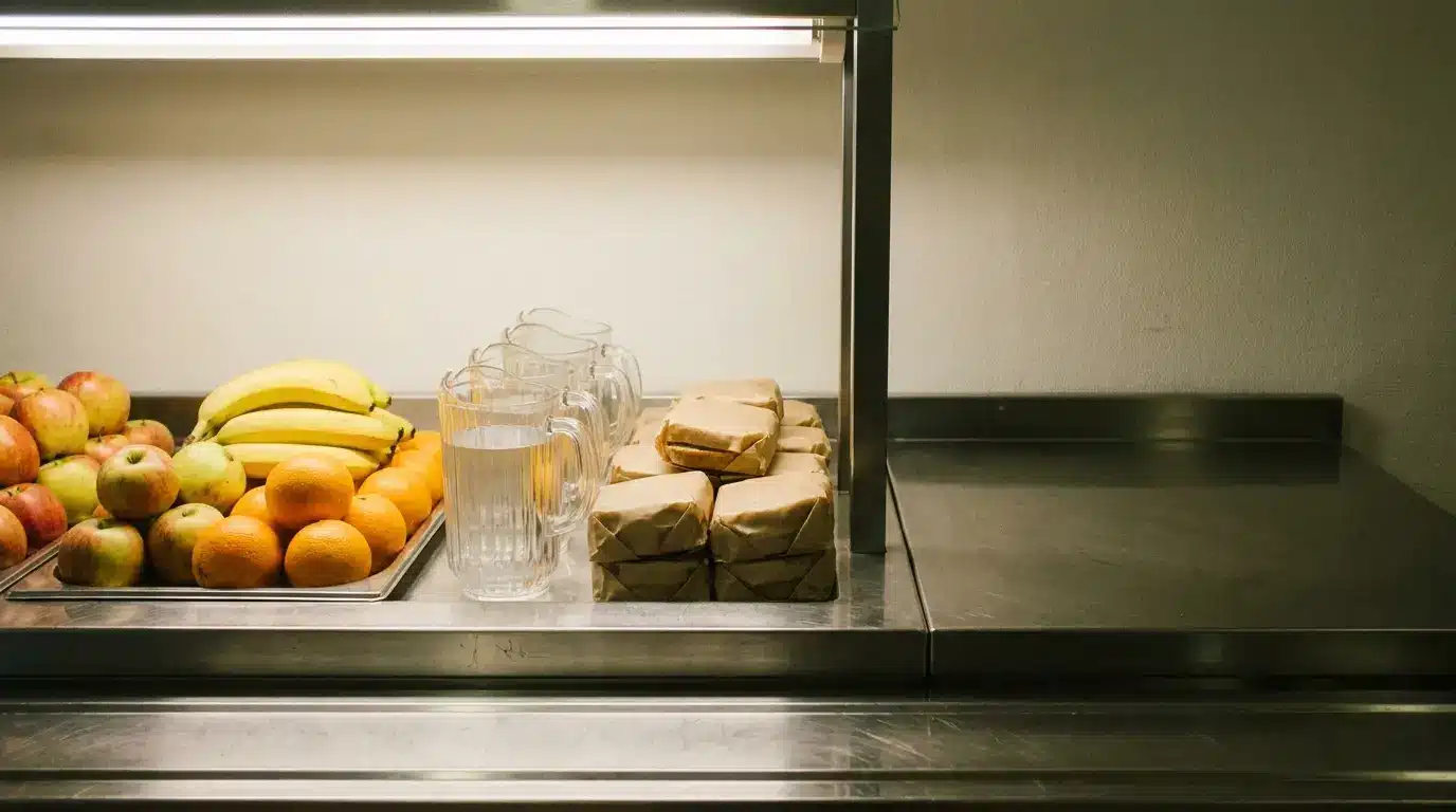 Fruit and water pitchers on stainless steel counter in cafeteria setting