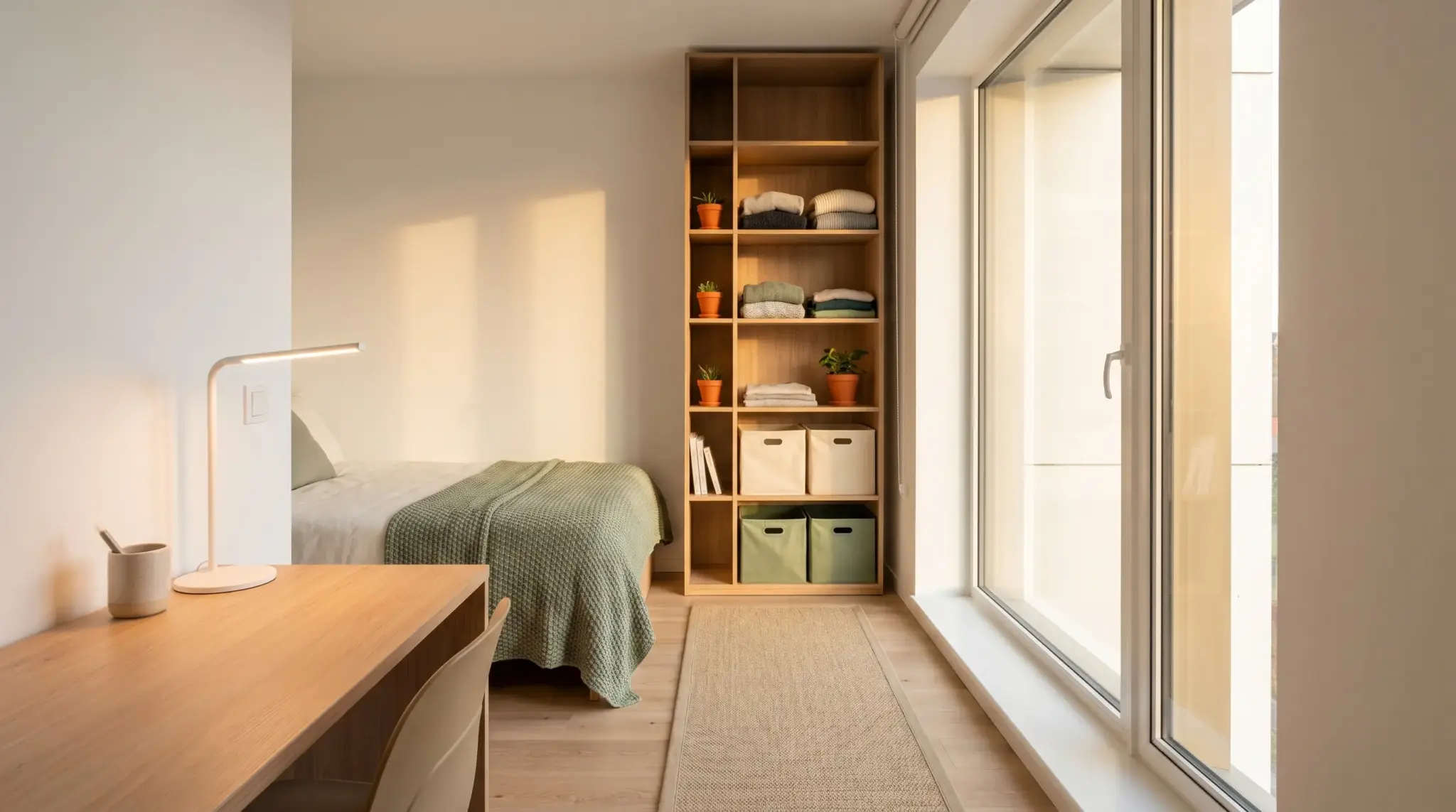 Minimalist bedroom with wooden desk, cozy bed, and shelving, bathed in warm natural light