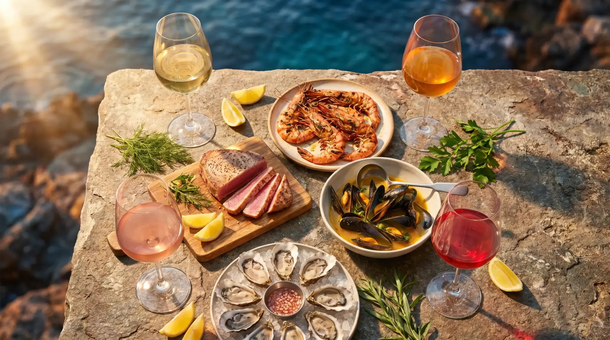Seafood platter with oysters, prawns, tuna, and mussels, paired with wine by the ocean