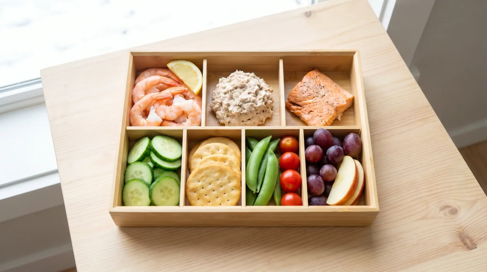 Wooden bento box with shrimp, tuna, salmon, cucumber, crackers, snap peas, tomatoes, grapes, apple slices