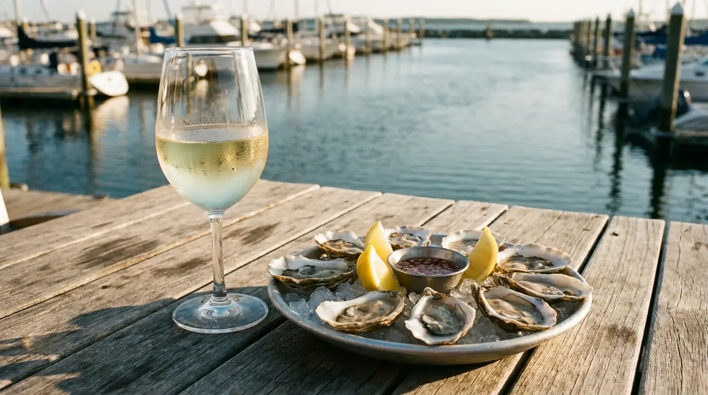 Plate of oysters with lemon beside a glass of white wine on wooden dock