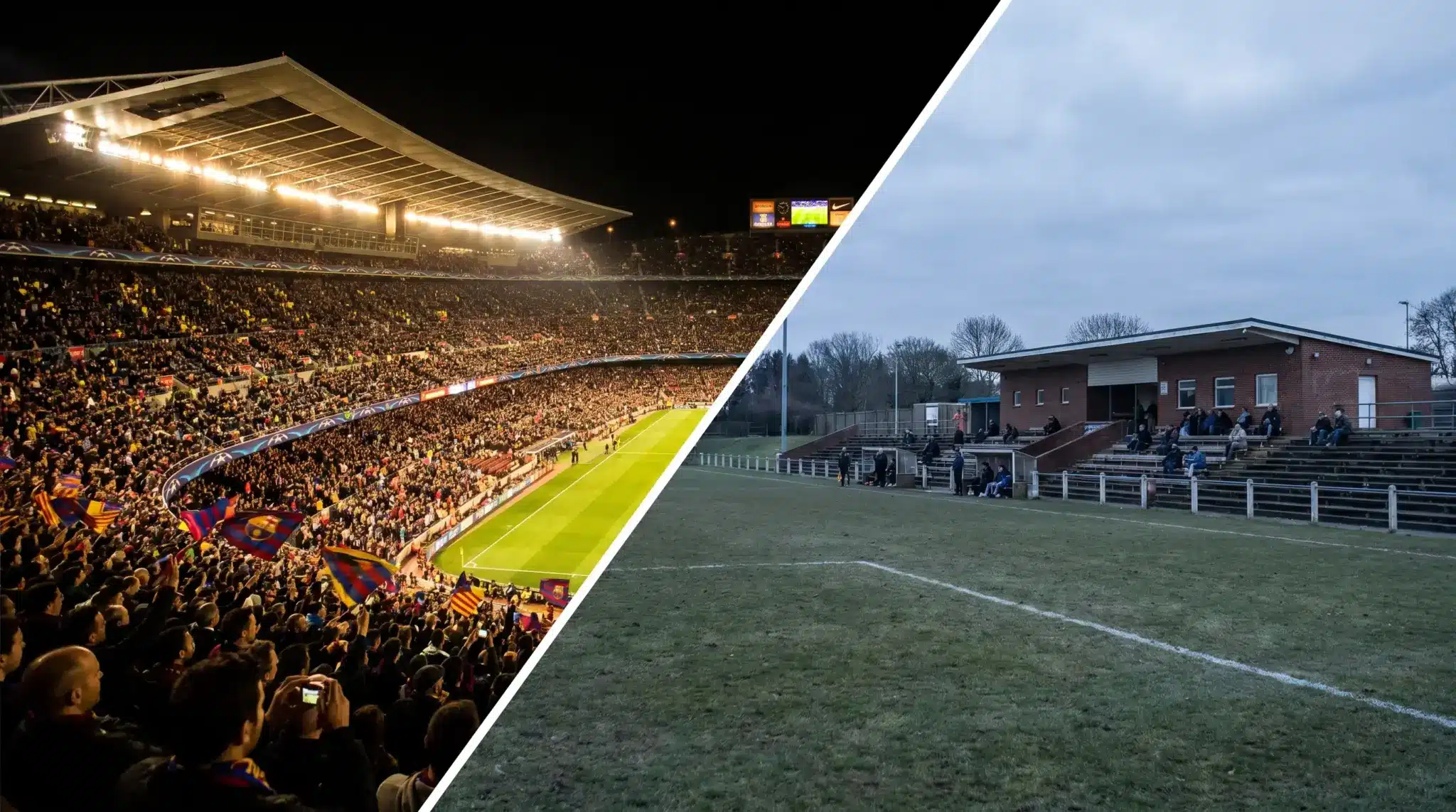 Packed large stadium lit at night juxtaposed with empty small football field with sparse spectators