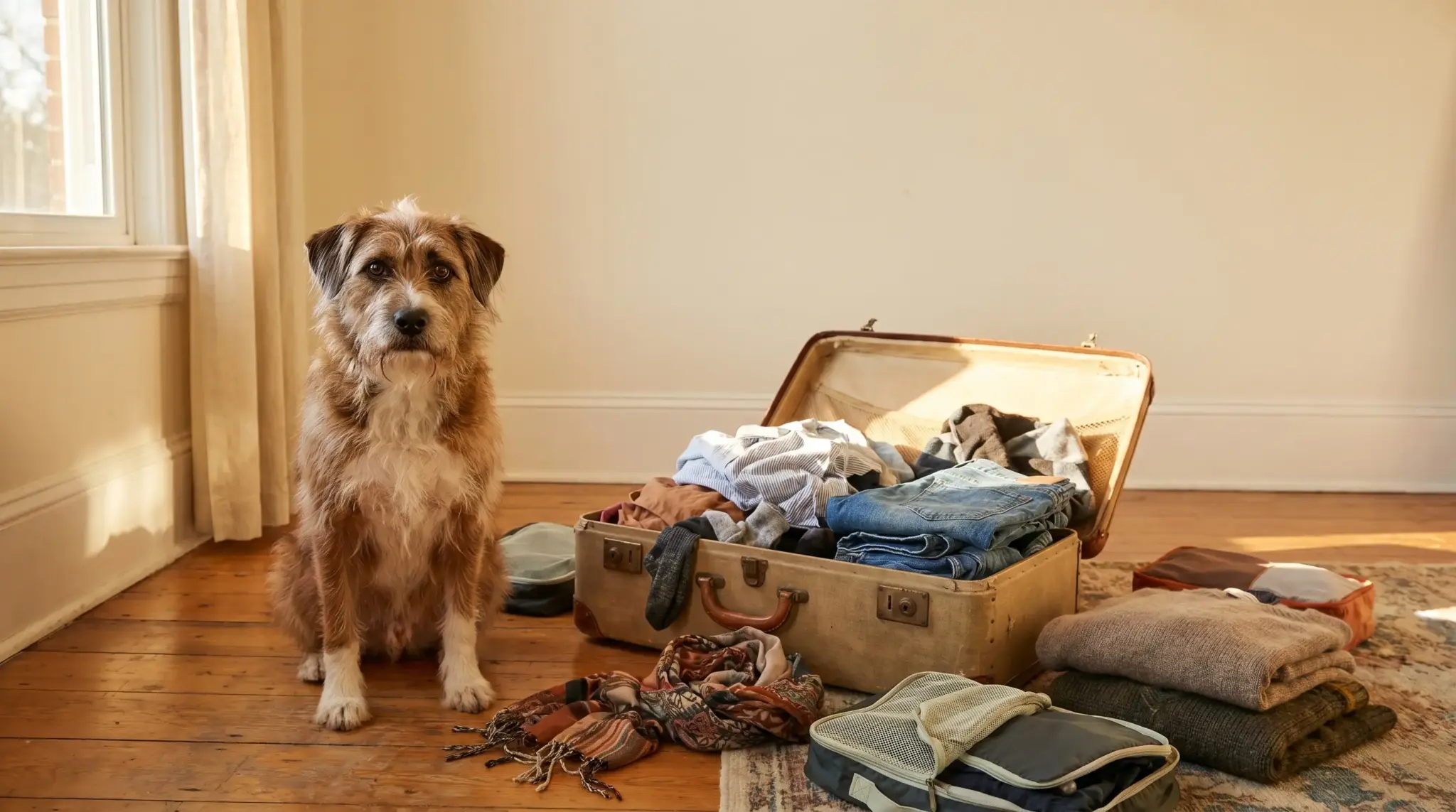 Dog sitting next to open suitcase filled with clothes in sunlit room